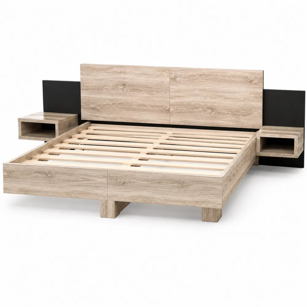 Lit double en bois avec tête de lit et tables de chevet intégrées