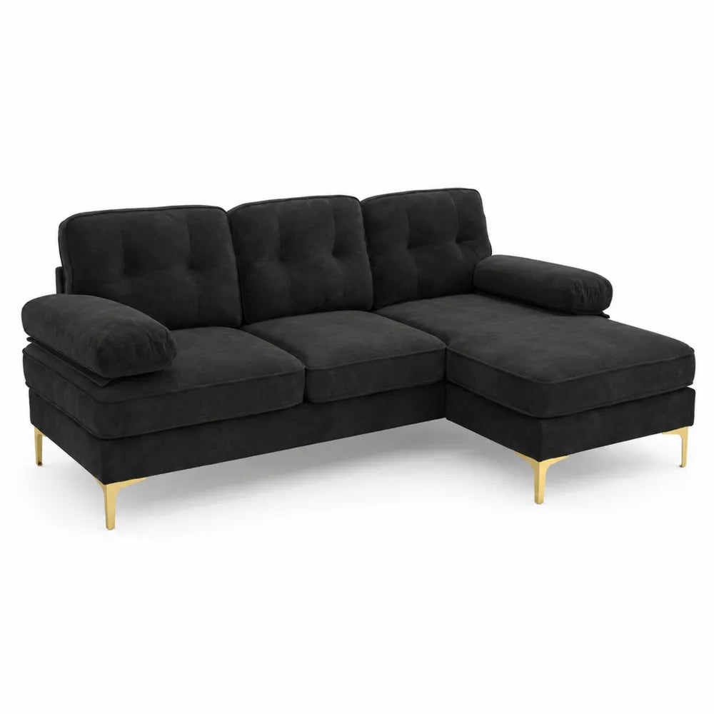Canapé d'angle en tissu avec pieds en métal doré - Noir
