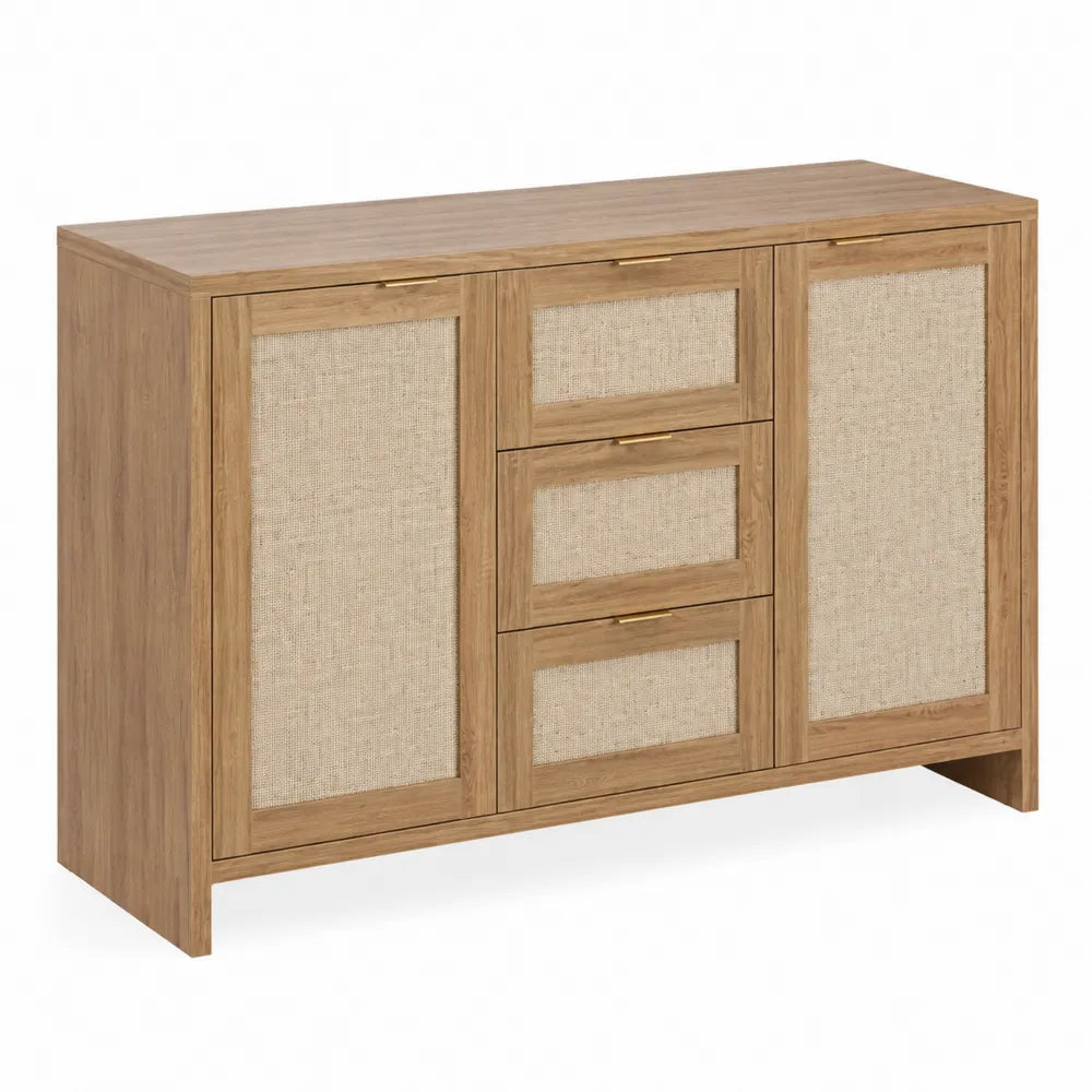 Buffet en bois et lin 2 portes 3 tiroirs 120x40x85 cm
