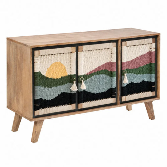 Buffet en bois de manguier avec portes en coton tissé multicolore