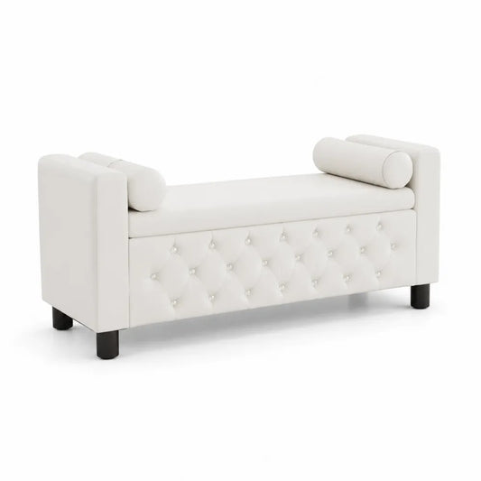Banc en cuir synthétique blanc avec rangement et accoudoirs