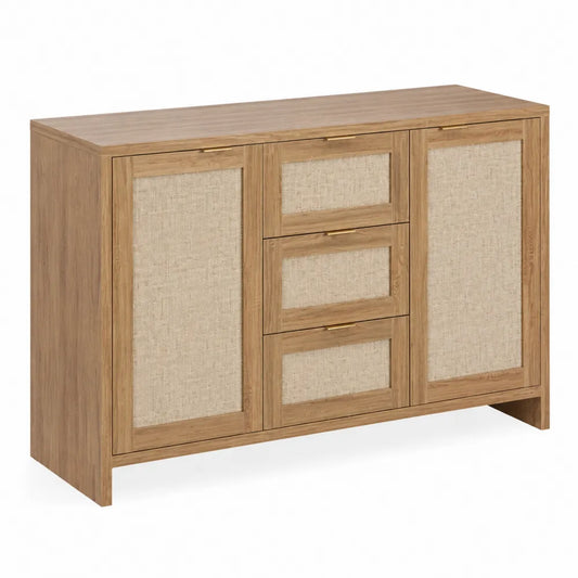 Buffet en bois et lin 2 portes 3 tiroirs 120x40x85 cm