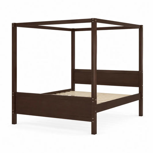 Lit à baldaquin en bois marron avec sommier 200x140 cm