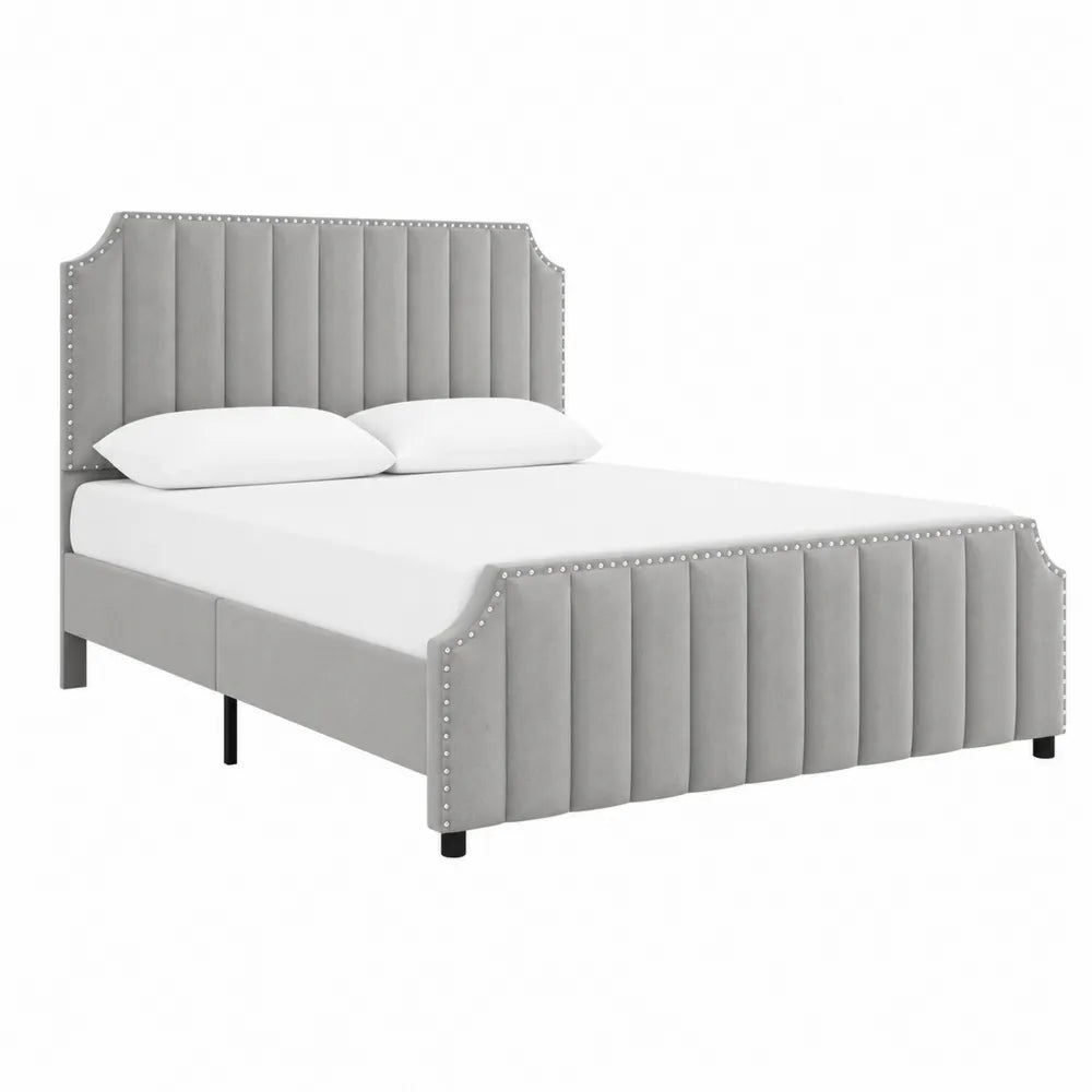 Lit double en bois et velours gris 200x160 cm