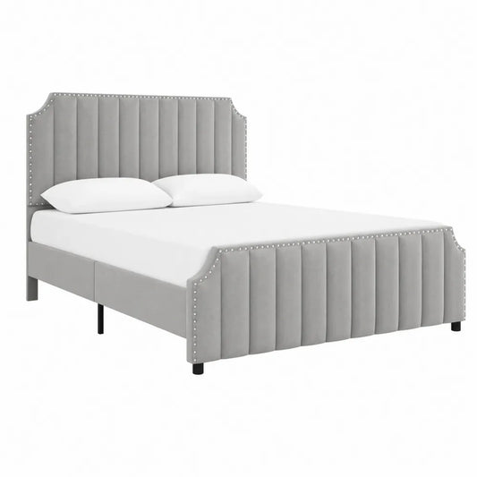 Lit double en bois et velours gris 200x160 cm