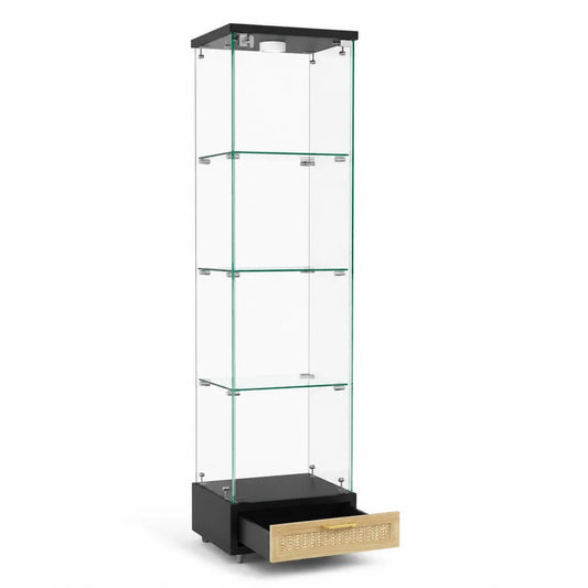 Vitrine en verre trempé avec tiroir en bois et 4 étagères
