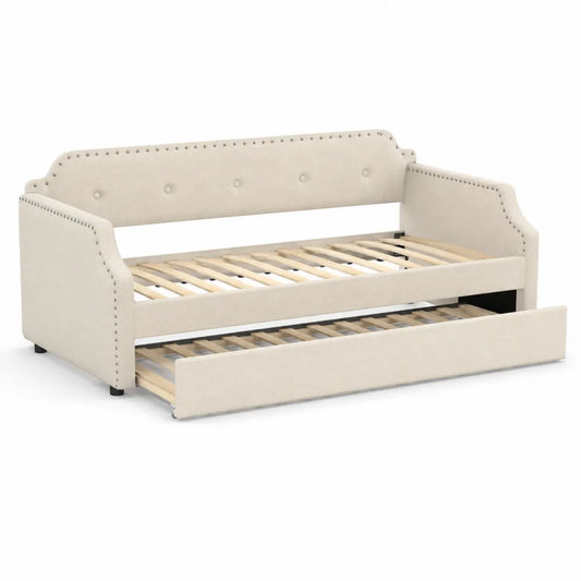 Lit gigogne en bois et tissu beige, 200x90 cm